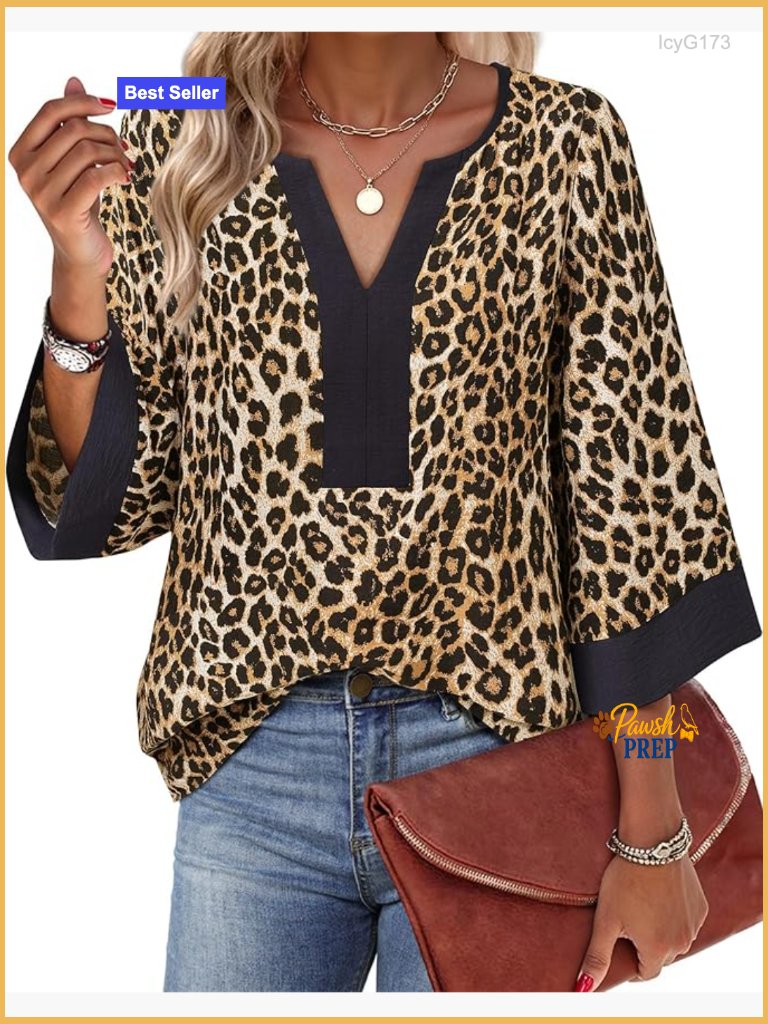 3/4 Bell Sleeve V Neck Floral Tunic Blouse Loose Fit